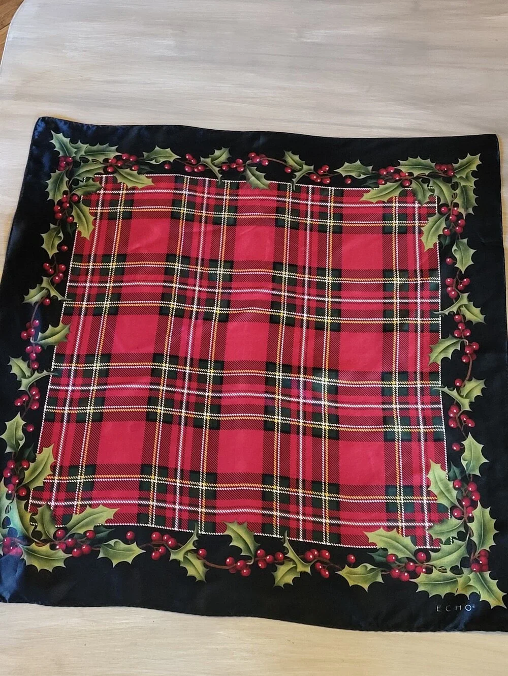 Echo Vtg 80s Red/Black/Green Silk Holiday Plaid Scarf 21